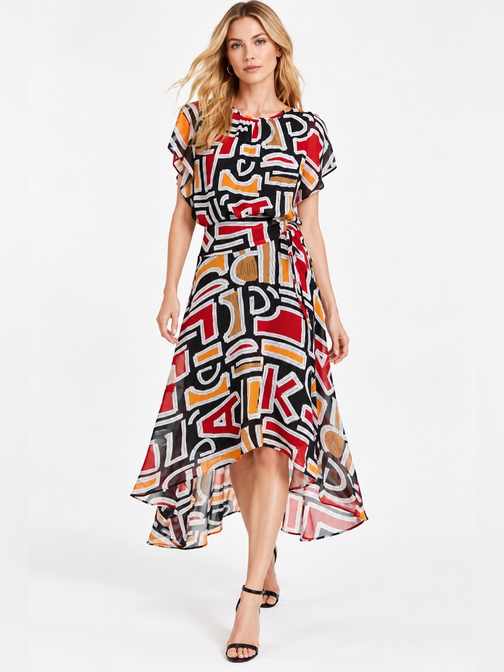 NWT Karl Lagerfeld Paris Abstract Geometric Chiffon Dress Maxi Midi, MSRP $158